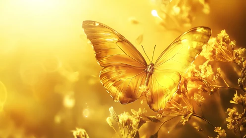 Golden butterfly glows in radiant sunset-hued meadow light
