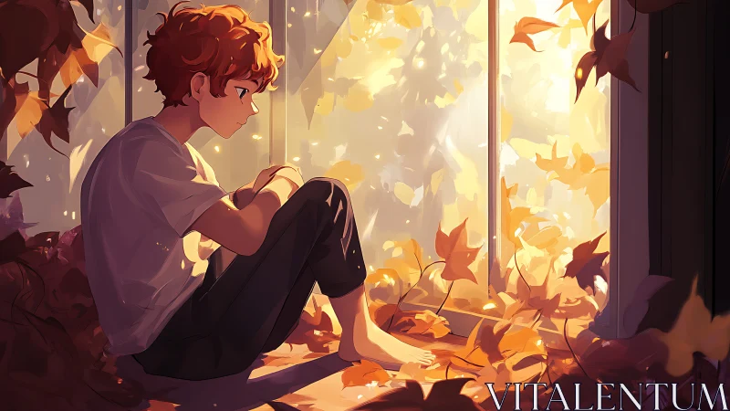 Autumn light silhouettes a pensive boy in warm interior glow