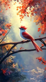 Autumn-crowned songbird resting in a dreamlit forest glow.