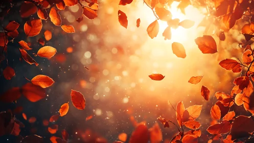 Autumn leaves glowing in golden sunset forest light.