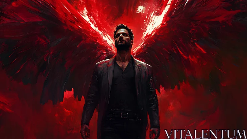 Dark winged figure in crimson abstract digital aura.