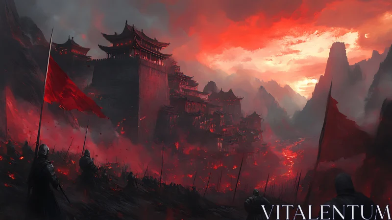 Burning mountain fortress looms over warriors in crimson dusk