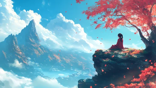 Solitary girl overlooks vast clouds and crimson valley.