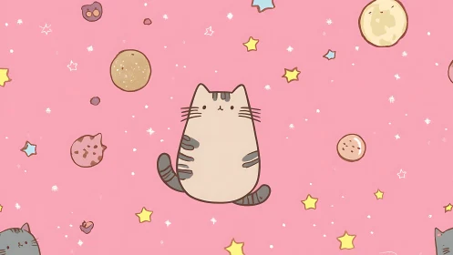 Whimsical cat illustration surrounded by celestial elements on pink background.
