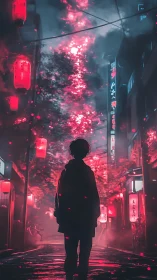 Silhouetted figure in neon alley under red lantern glow.