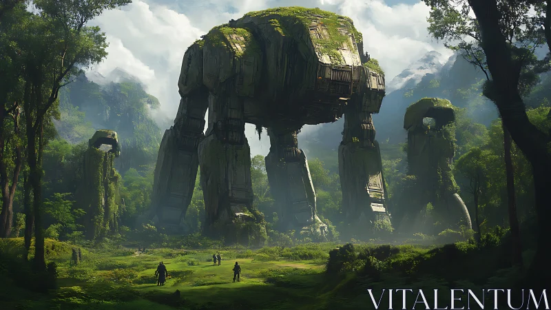 Gentle forest colossus resting among quiet mossy ruins.