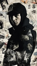 Hooded male portrait over grunge collage of fragmented photos