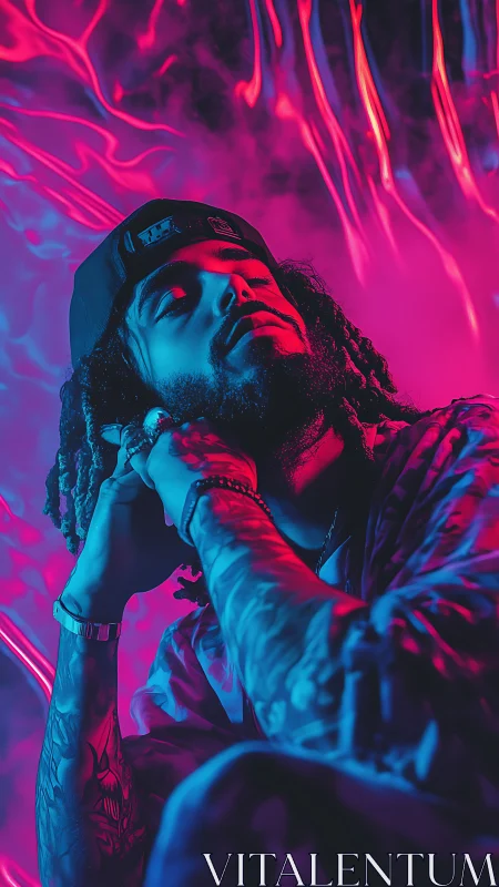 Moody neon portrait bathes a tattooed artist in electric glow