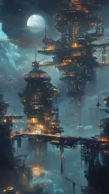 Vertical cyberpunk megastructures in misty nocturnal skyline