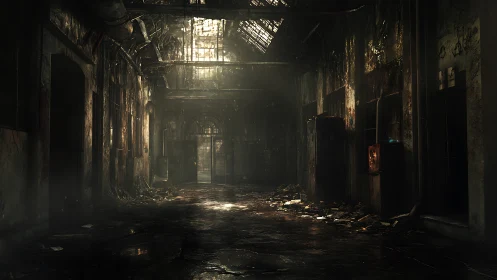 Abandoned industrial corridor glows under broken skylight.