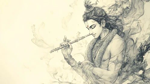 Divine musician in flowing ink lines plays a serene flute melody