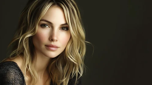 Studio headshot of woman with wavy blonde hair on dark.