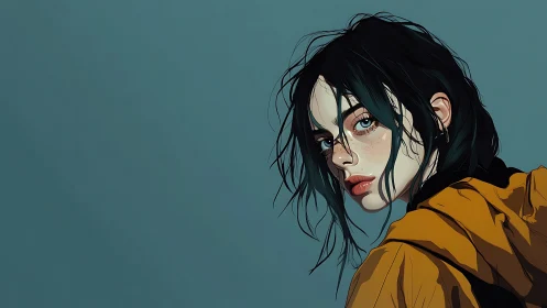 Portrait of moody girl in yellow jacket against teal field