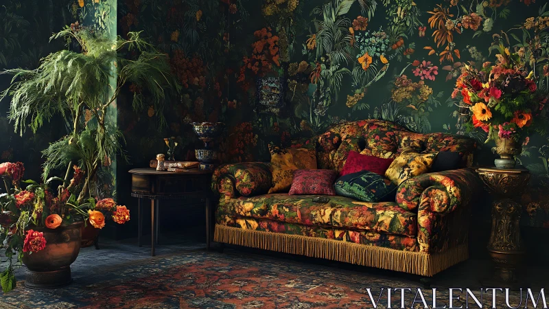 Moody floral lounge wrapped in lush vintage botanicals.