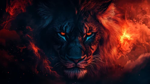 Infernal lion portrait in dual-tone cyan and ember glow.