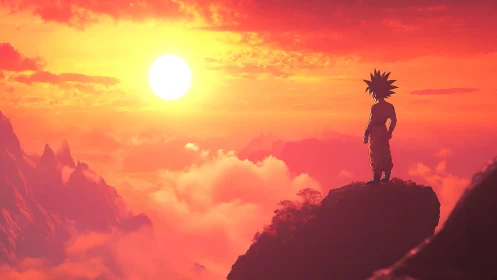 Sunlit warrior gazes over glowing clouds in quiet wonder