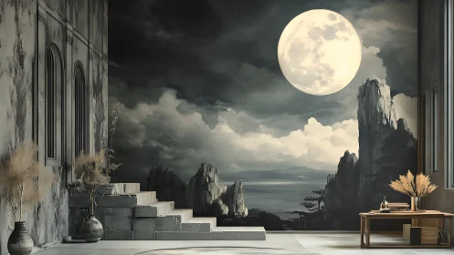 Moonlit seascape mural fills tranquil modern interior room