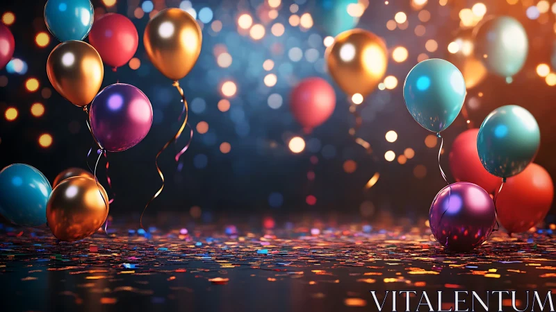 Suspended metallic balloons with particle bokeh background.