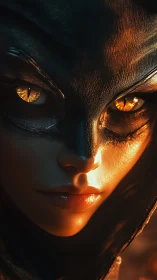 Hooded figure close-up with glowing amber eyes in shadow.