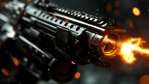 Futuristic rifle muzzle blast in cinematic close-up view.