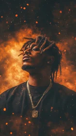 Portrait ignites against blazing ember storm sky.