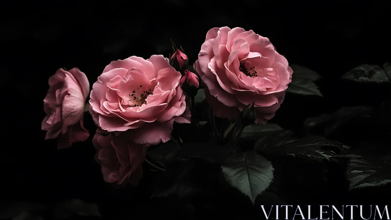 Pink Roses Against Black: Dramatic Floral Chiaroscuro Study.