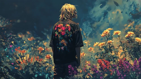 Solitary figure in illuminated flower field at dusk.