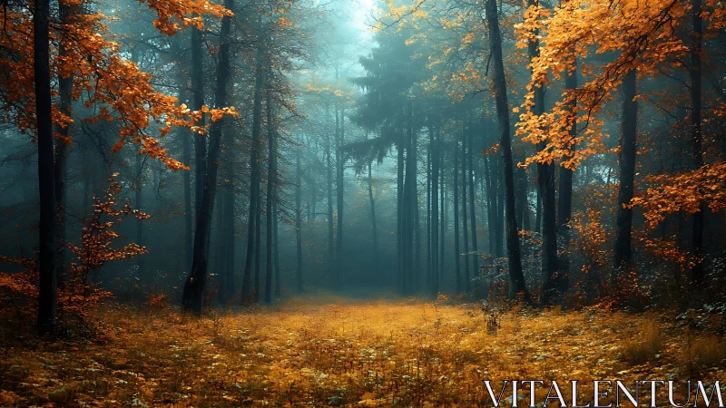 Atmospheric forest corridor with diffused golden autumn foliage and volumetric light diffusion.