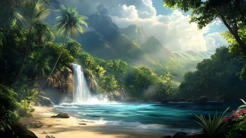 Coastal waterfall descends into a tropical cove at midday