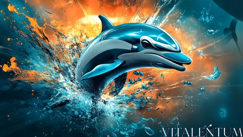 3D chrome dolphin bursting through aqua flame vortex composition.