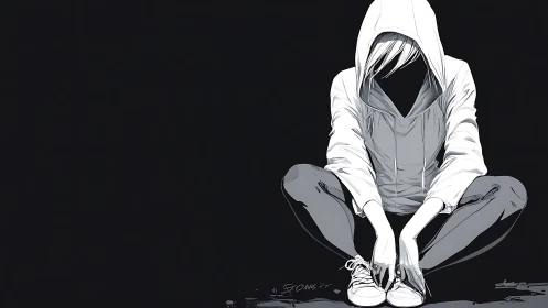 Hooded figure rests quietly in a calm, shadowy corner