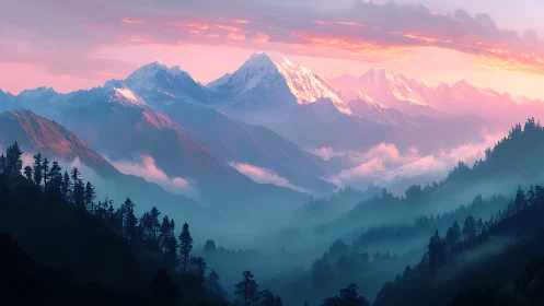 Soft sunrise light gently kisses peaceful snowy peaks