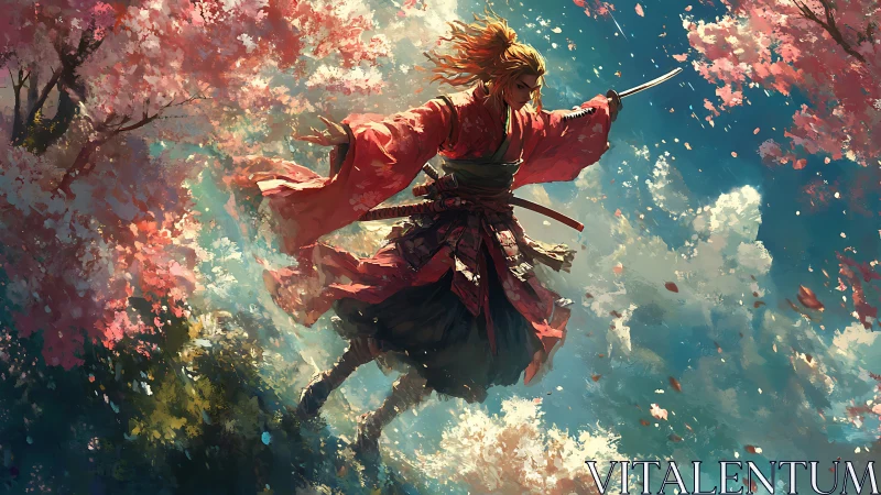 Samurai figure with drawn sword amid cherry blossoms sky