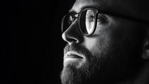 Monochrome close-up portrait of bearded man in glasses.