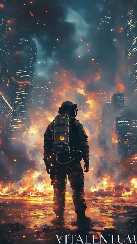 Cyberpunk responder amid burning megacity skyline, vertical format.