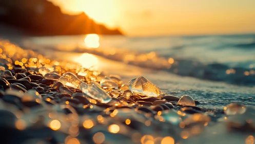 Sunlit crystal tide jewels glitter along a dreamlike shore.
