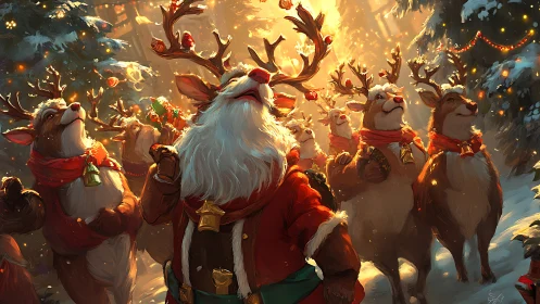 Jolly reindeer choir basking in golden winter magic.