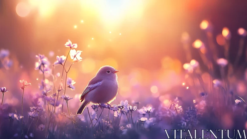 Dreamy songbird perched in wildflowers at sunrise, soft focus style.