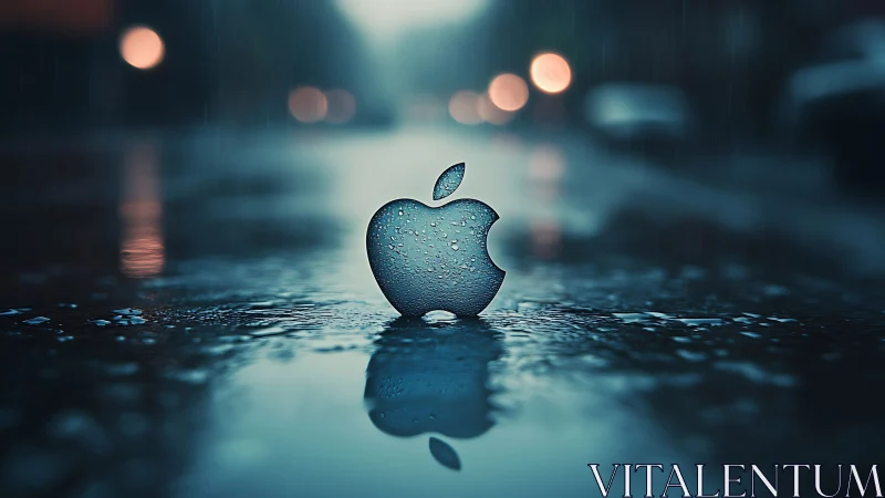 Apple Logo in Urban Rain: Photorealistic Macro Study.