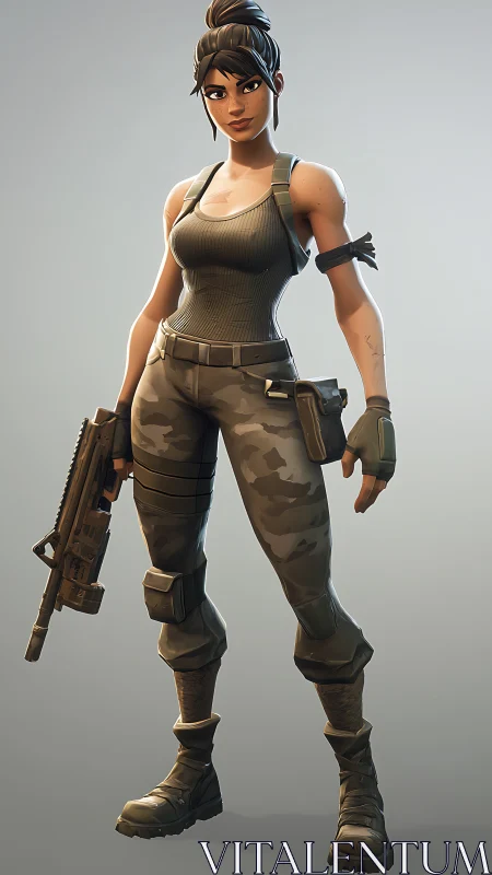 Stylized female soldier stands armed in tactical outfit