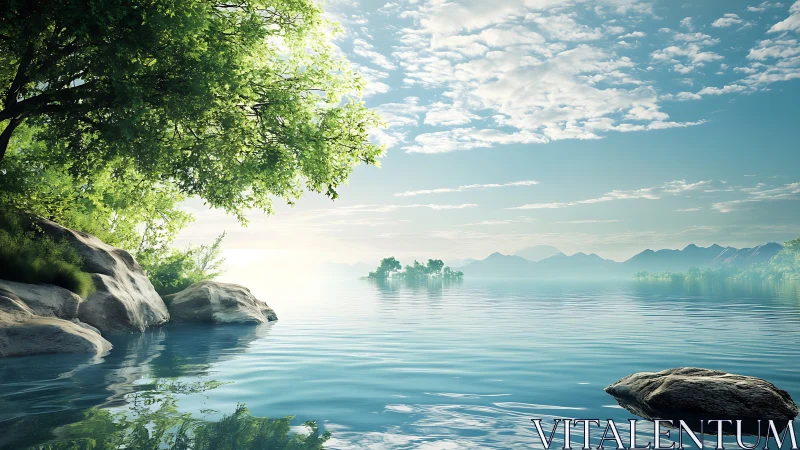 Lake light hums softly while distant islands dream blue