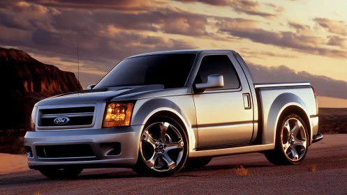 Silver performance pickup under dramatic sunset sky.