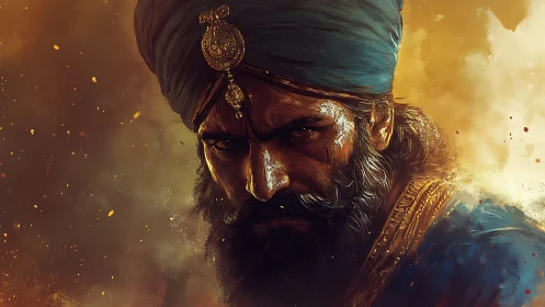 Bearded man in jeweled turban glares amid glowing haze