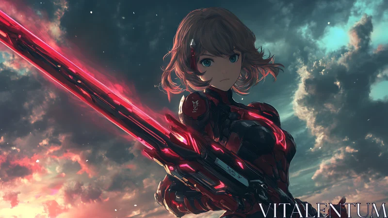 Armored anime swordswoman with luminous red plasma blade at dusk