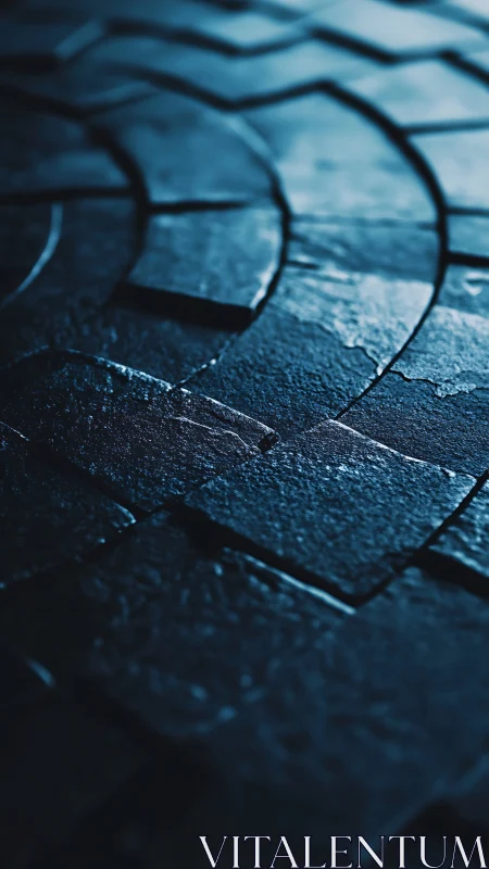 Wet stone tiles form curved segmented pattern in blue light