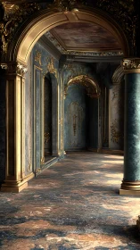 Gilded baroque corridor with blue marble and warm light.