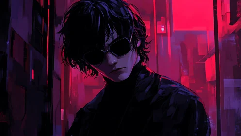 Moody figure in neon alley with dark sunglasses at night.