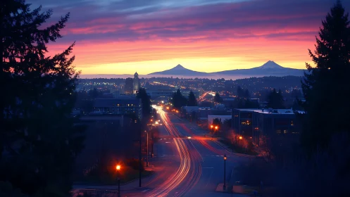 City boulevard glows under vivid mountain sunrise sky.