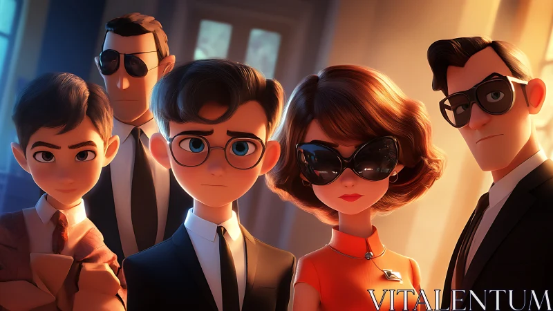 Stylish animated spy team posed in dramatic warm light.