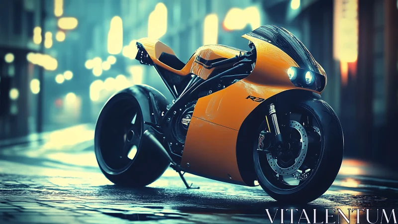Neon rain-kissed superbike prowling a cinematic midnight avenue.